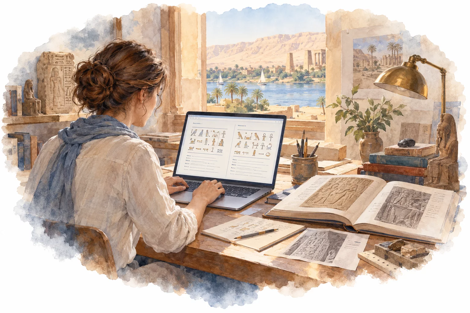 Les corpus numériques — rapprocher les textes Aquarelle d’un ordinateur portable affichant des signes et des lignes de corpus, avec des livres et des relevés.