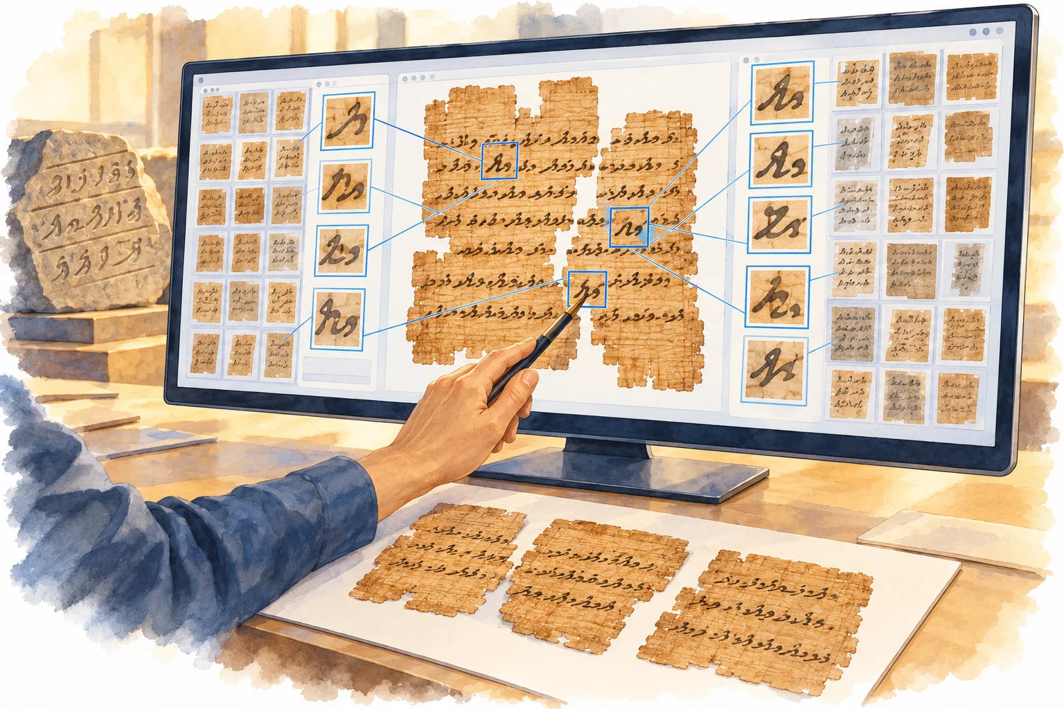 Aquarelle d’un écran comparant de nombreux manuscrits égyptiens et reliant des signes à trois fragments de papyrus, sous le contrôle d’un chercheur.