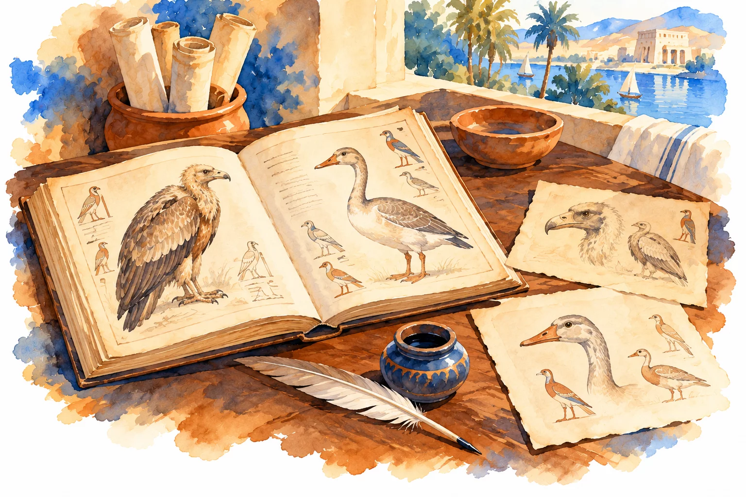 Horapollon — interpréter les signes comme des symboles Aquarelle d’un manuscrit ouvert accompagné de dessins de vautour et d’oie sur des feuillets.