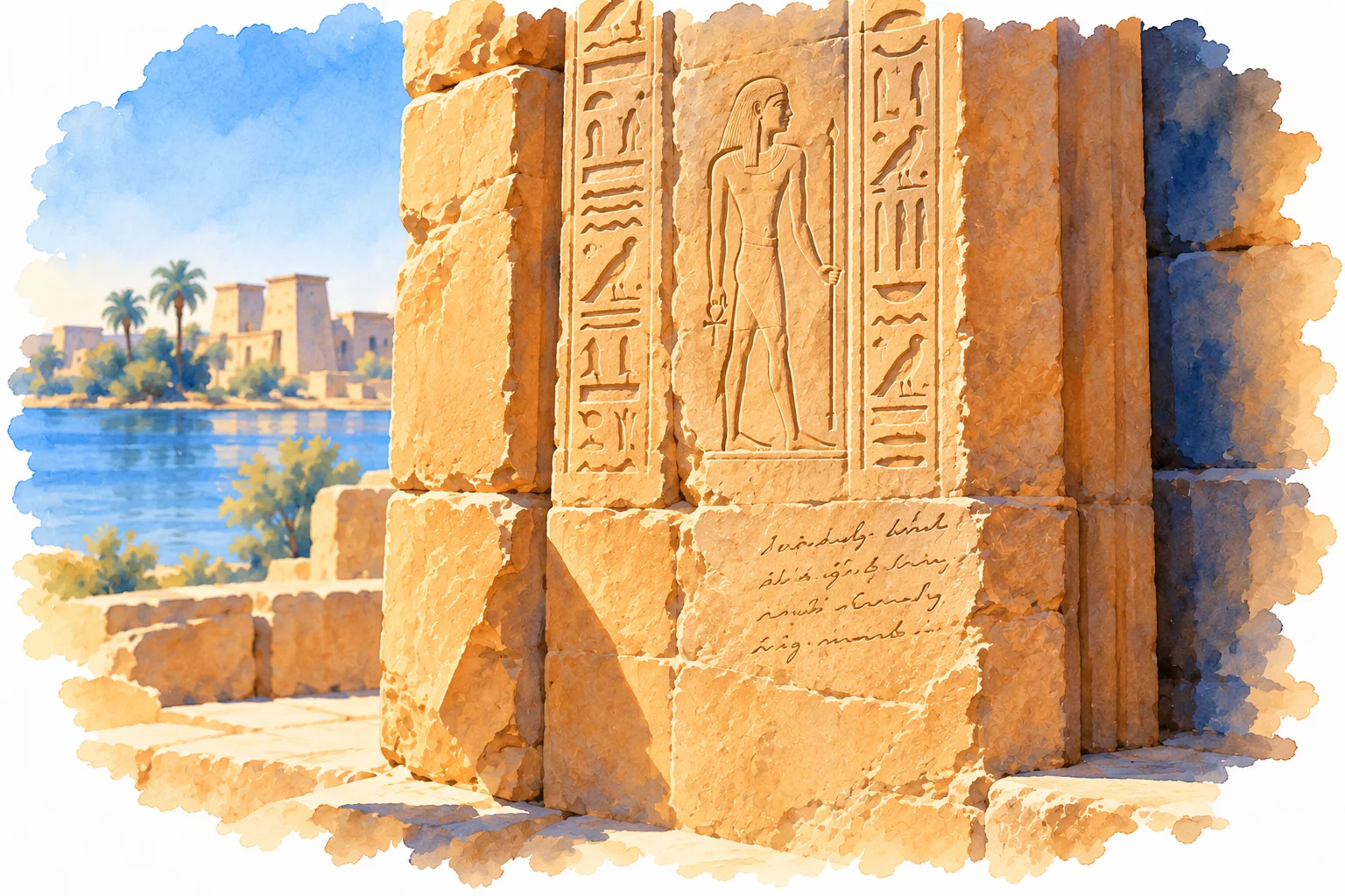 Philae — les derniers signes dans la pierre Aquarelle rapprochée d’une paroi de grès portant deux petites colonnes de signes et des tracés cursifs voisins.