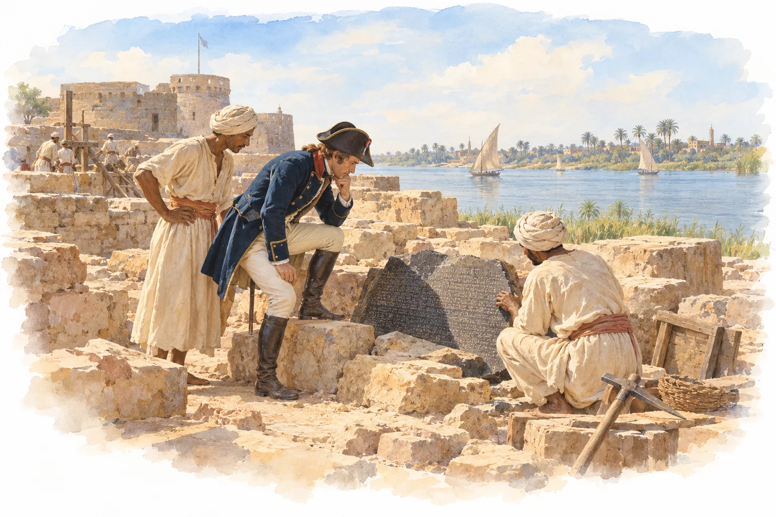 Rosette, 1799 — une pierre remployée attire l’attention Aquarelle d’un officier français et de deux ouvriers examinant un bloc inscrit dans un chantier de fortification.