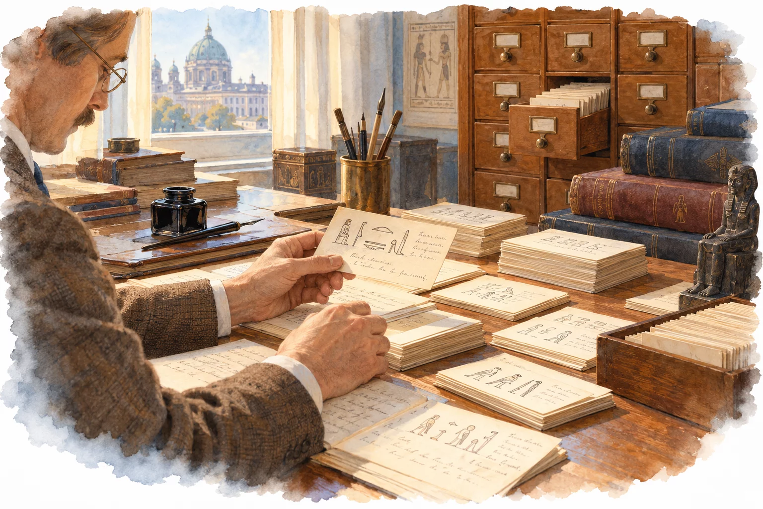 Aquarelle d’un bureau avec des fiches manuscrites de signes, des tiroirs de classement et des volumes savants.