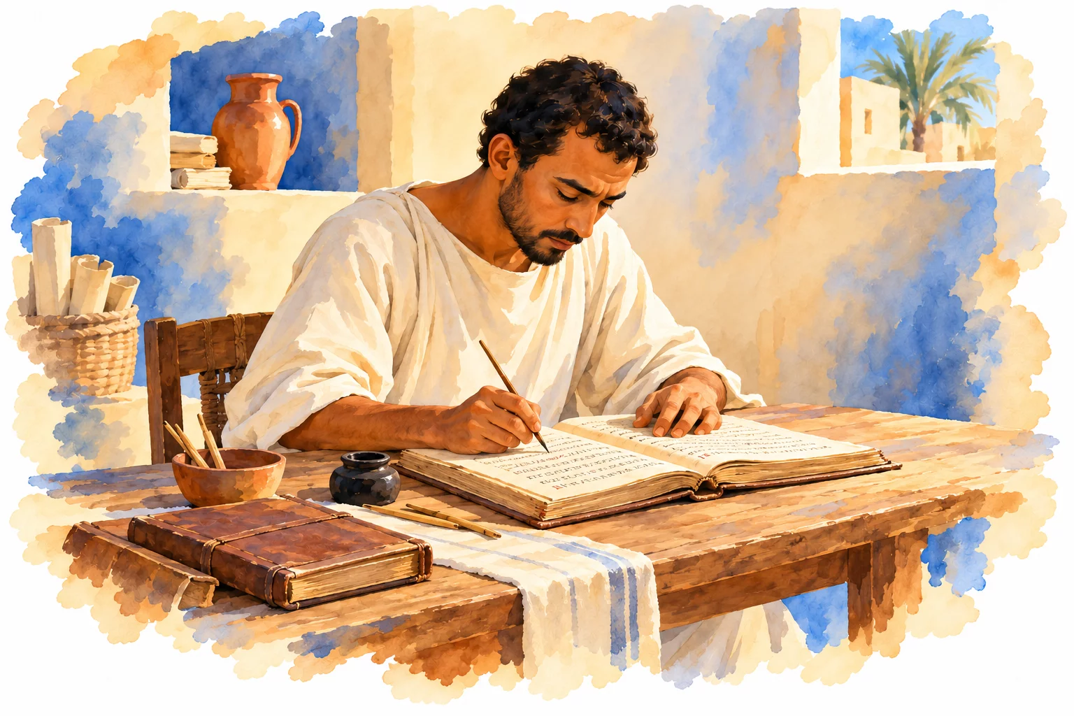 Le copte — la langue égyptienne se transmet Aquarelle d’un copiste en tunique simple écrivant dans un codex, près d’un encrier et de livres reliés.
