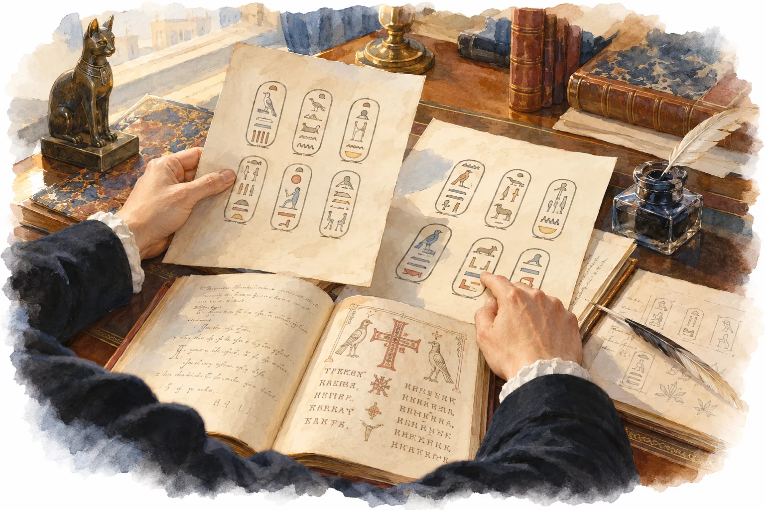 1822 — comparer les noms et les écritures Aquarelle de mains comparant des copies de cartouches et des notes sur un bureau du début du XIXe siècle.