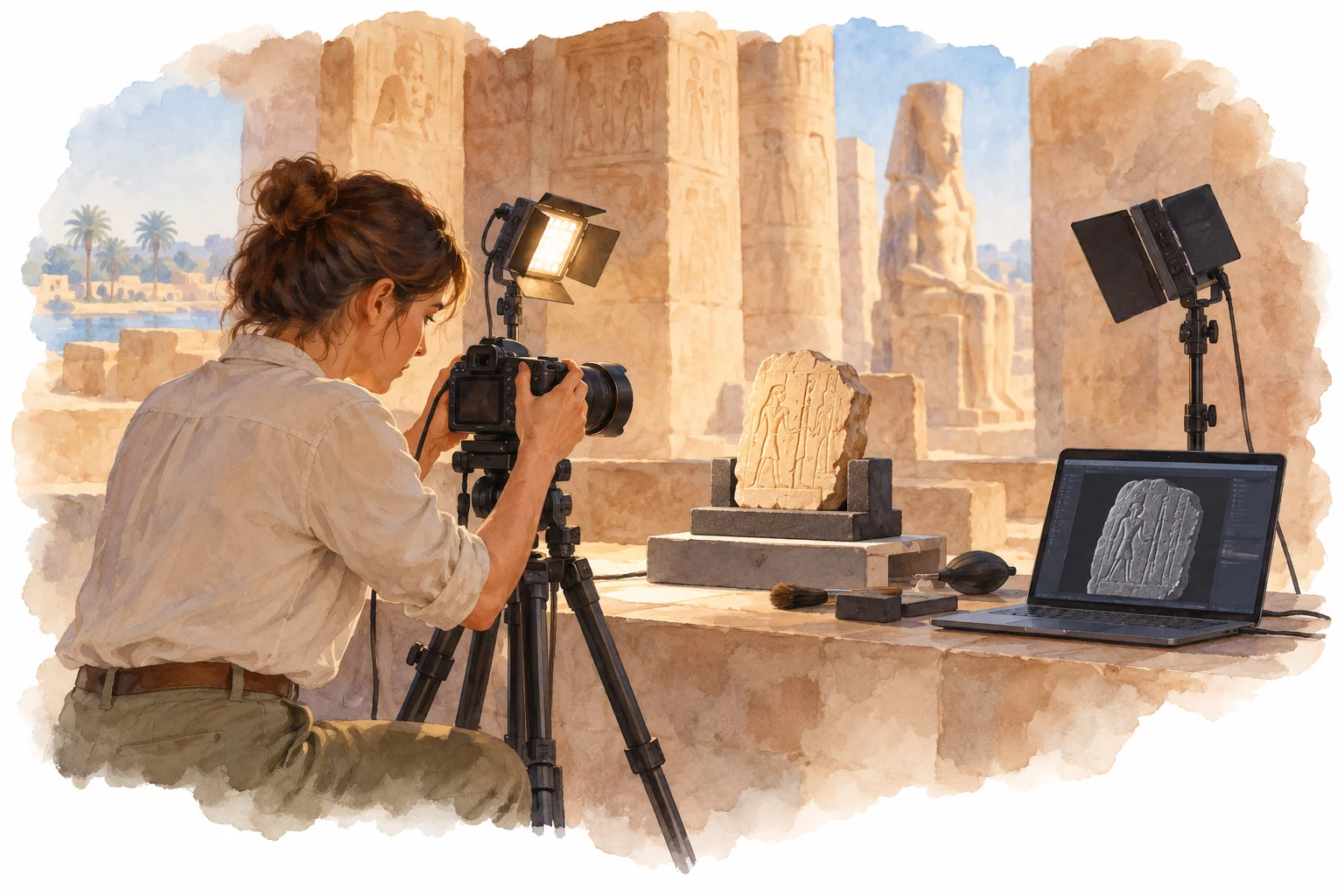 L’imagerie — révéler les traces sous différents éclairages Aquarelle d’une chercheuse photographiant un fragment de pierre inscrit avec un appareil et des éclairages orientés.