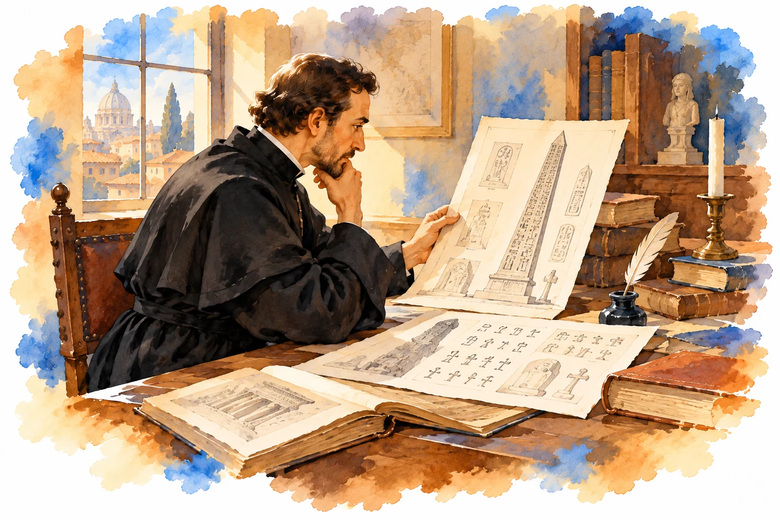 Le cabinet savant — interprétations et intuitions au XVIIe siècle Aquarelle d’un savant en vêtement noir étudiant des planches d’obélisques, avec des livres et une plume.