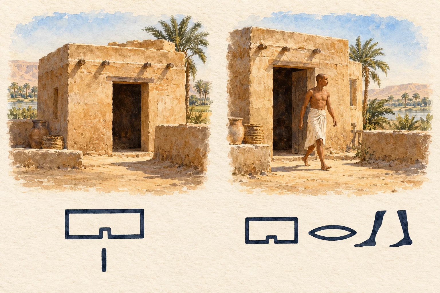 Diptyque montrant une maison et un homme qui en sort, accompagnés des groupes de hiéroglyphes pour « maison » et « sortir ».