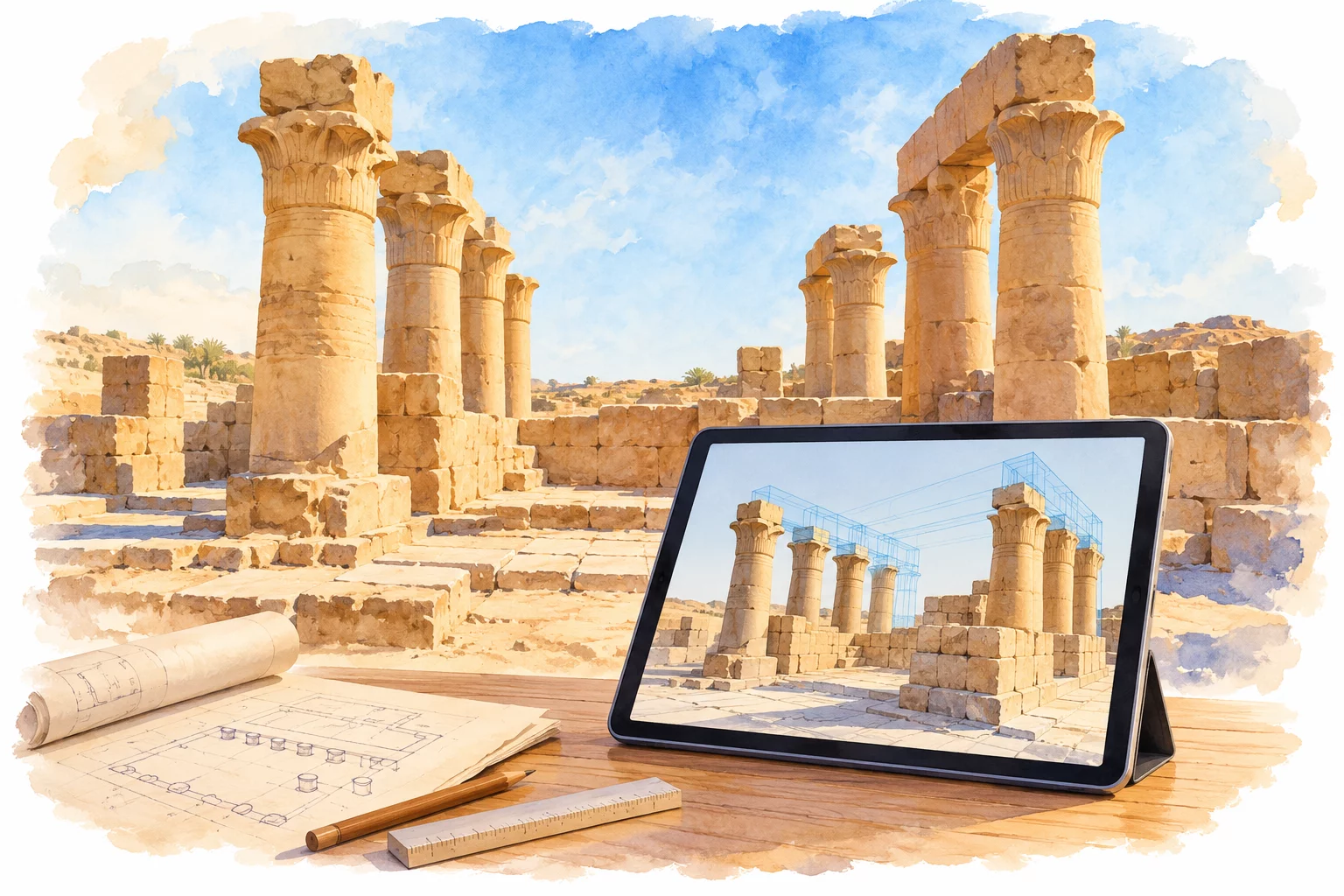 Aquarelle d’une tablette montrant le modèle d’un temple égyptien devant des colonnes et des blocs de pierre conservés.