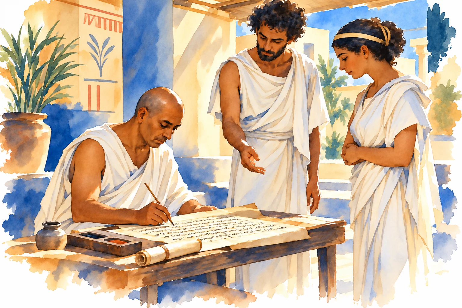 Aquarelle d’un scribe rédigeant un document sur papyrus devant deux personnes dans une cour de l’Égypte ptolémaïque.