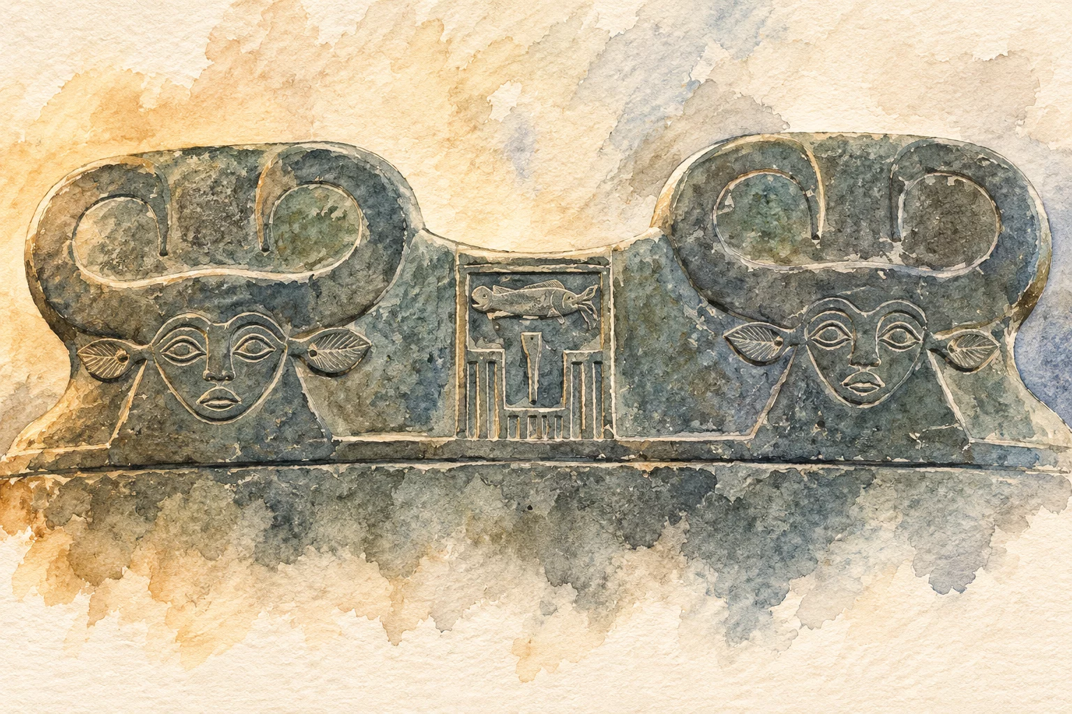 Aquarelle du registre supérieur de la palette de Narmer : son nom dans un serekh, entre deux têtes bovines.