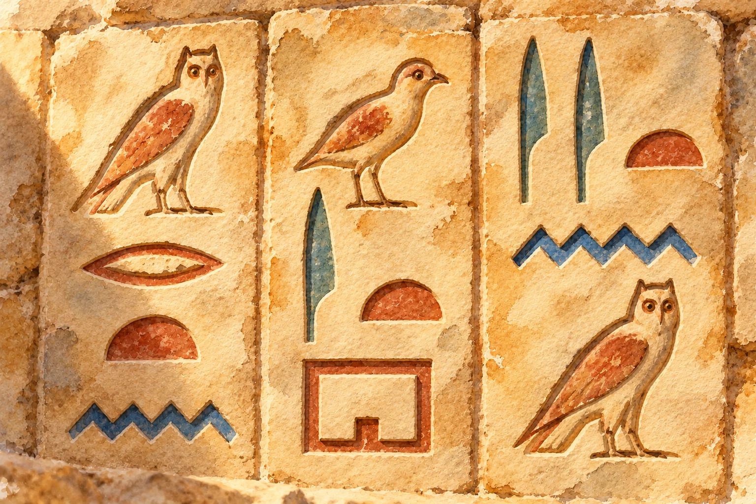 Hiéroglyphes gravés et partiellement colorés, organisés en trois colonnes sur une paroi de calcaire éclairée de côté.