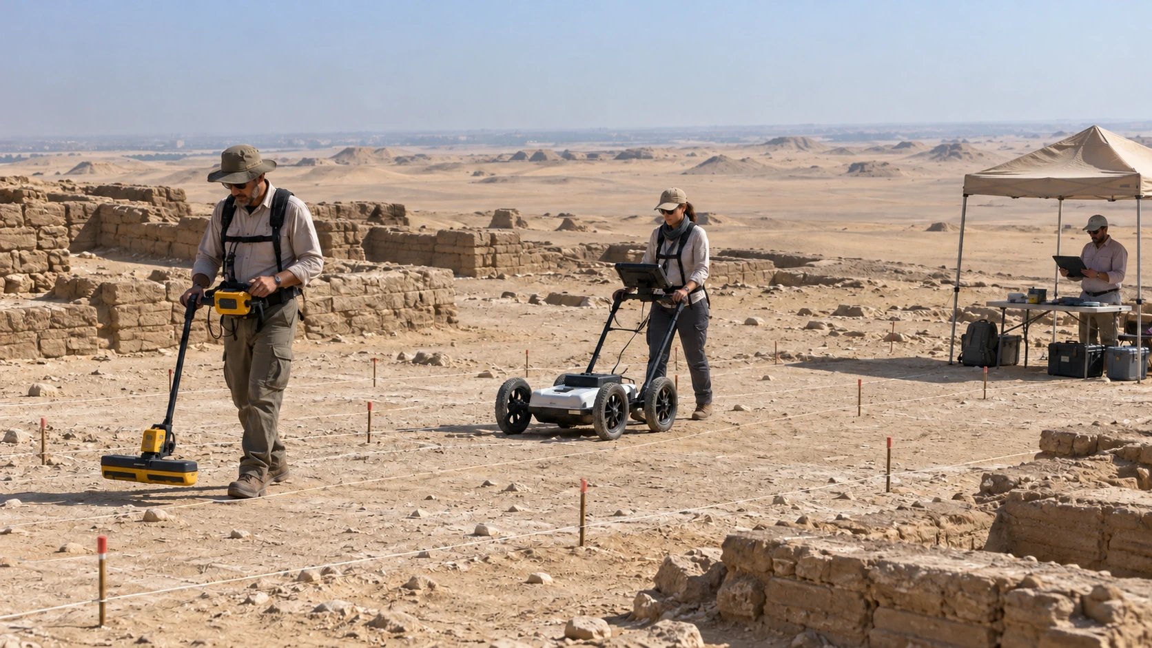 Reconstitution d’une prospection géophysique à Tabbet el-Guech dans le cadre de la recherche d’un complexe royal disparu.