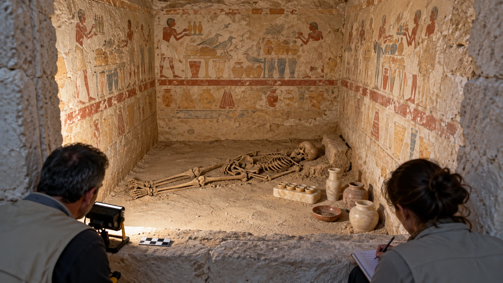 Reconstitution d’une chambre funéraire de prêtre-lecteur à Tabbet el-Guech, avec mobilier rituel.