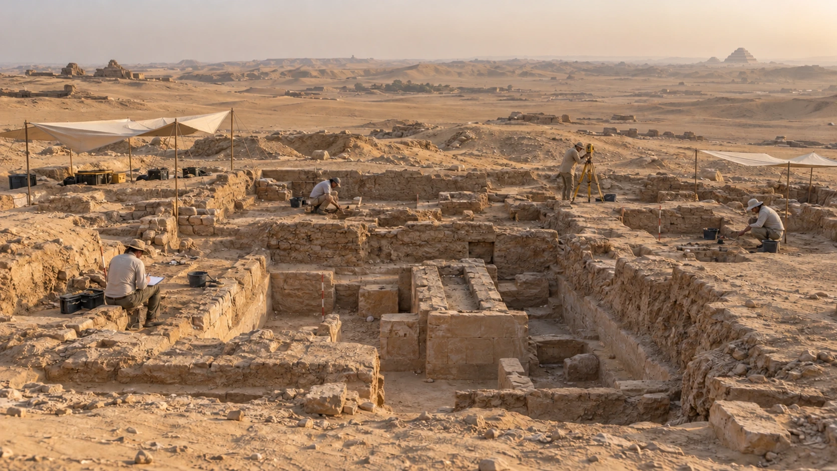 Reconstitution du chantier archéologique de Tabbet el-Guech sur le plateau de Saqqara.