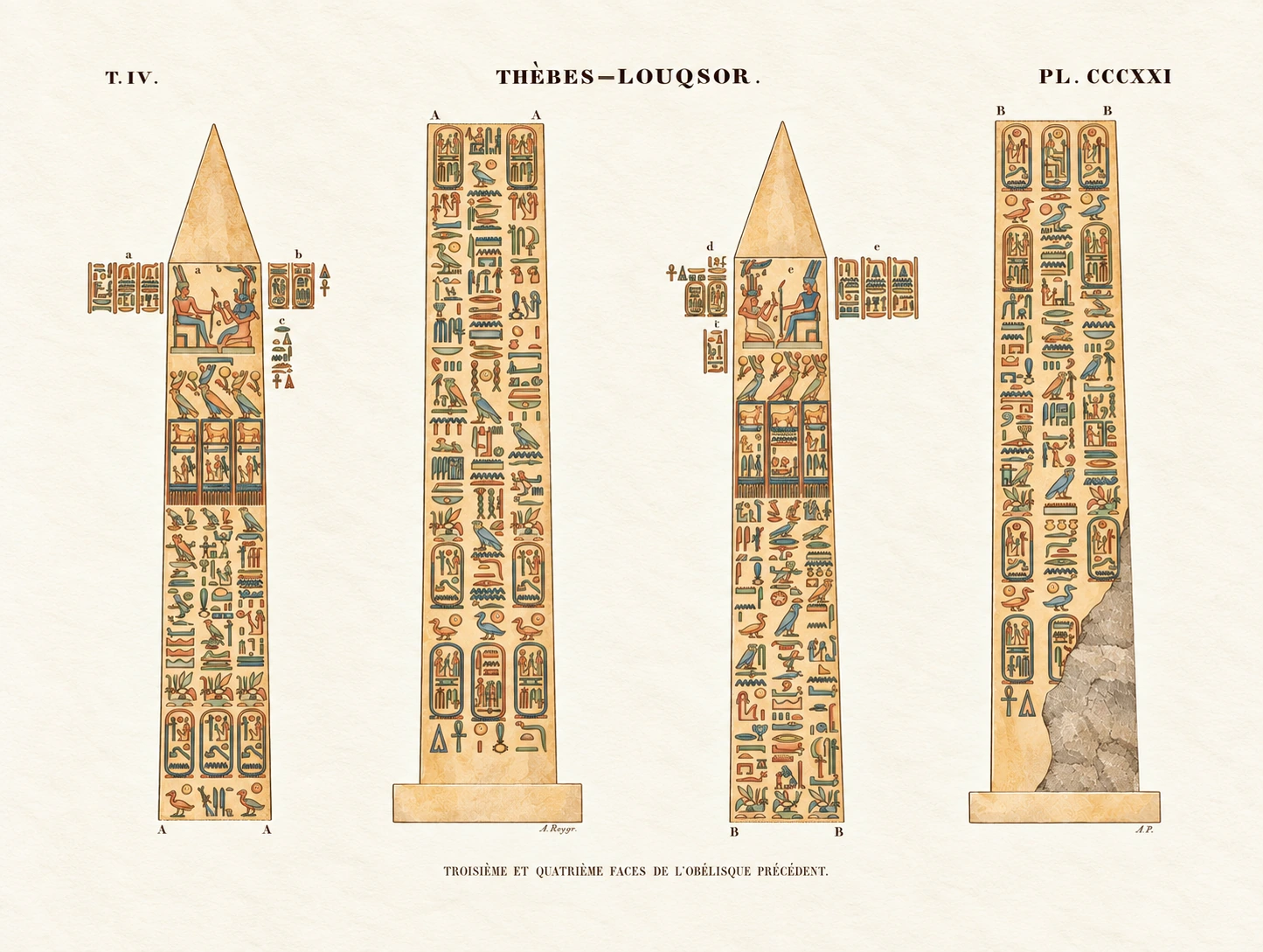 Planche 321 : troisième et quatrième faces de l’obélisque de Louxor, avec une cassure visible en bas à droite.