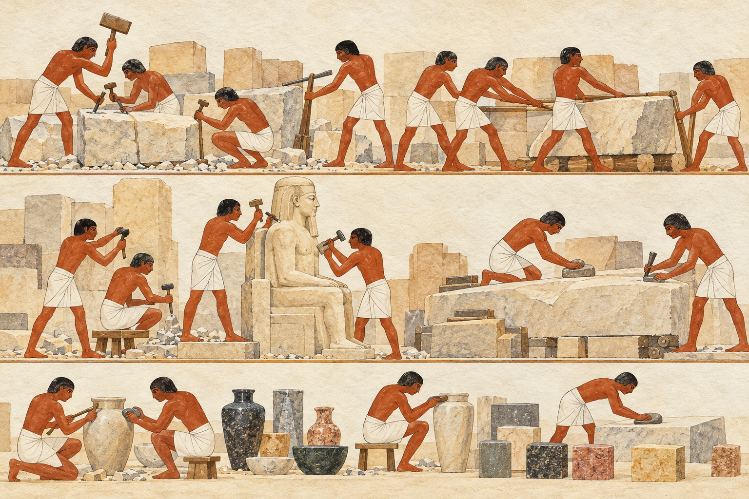Atelier de la pierre en trois registres : taille de blocs, sculpture et travail de récipients.