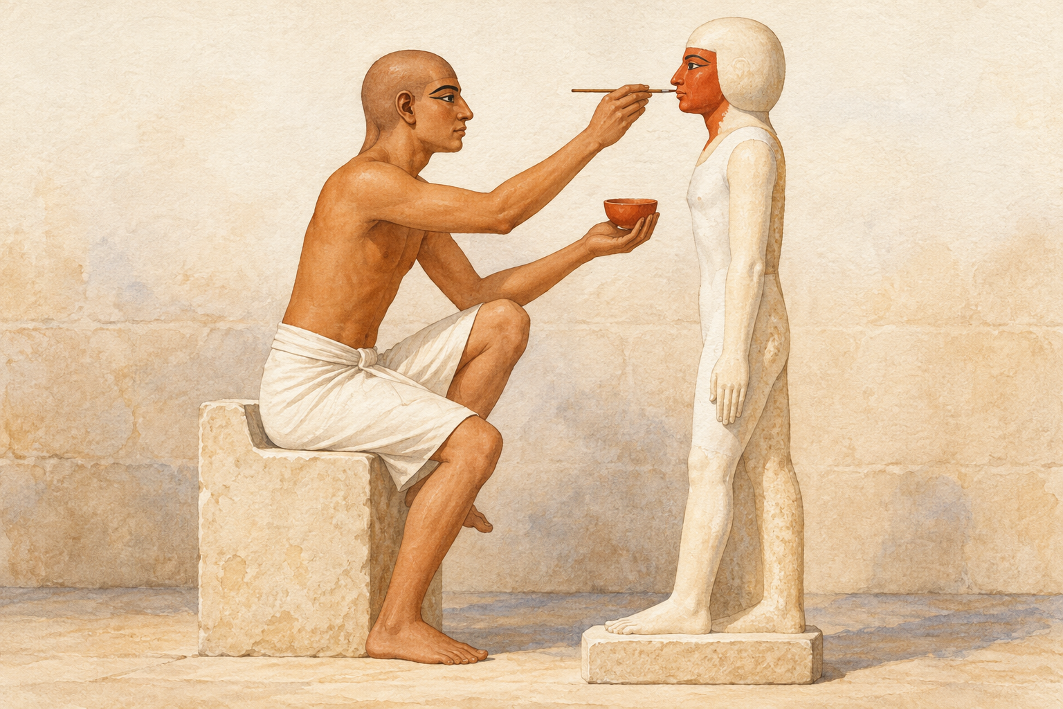Un artisan assis applique de la couleur sur le visage d’une statue debout.
