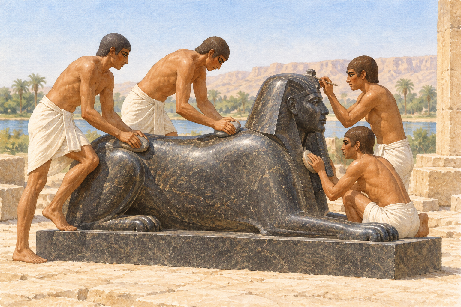 Quatre artisans finissent les surfaces d’un sphinx en pierre sombre.