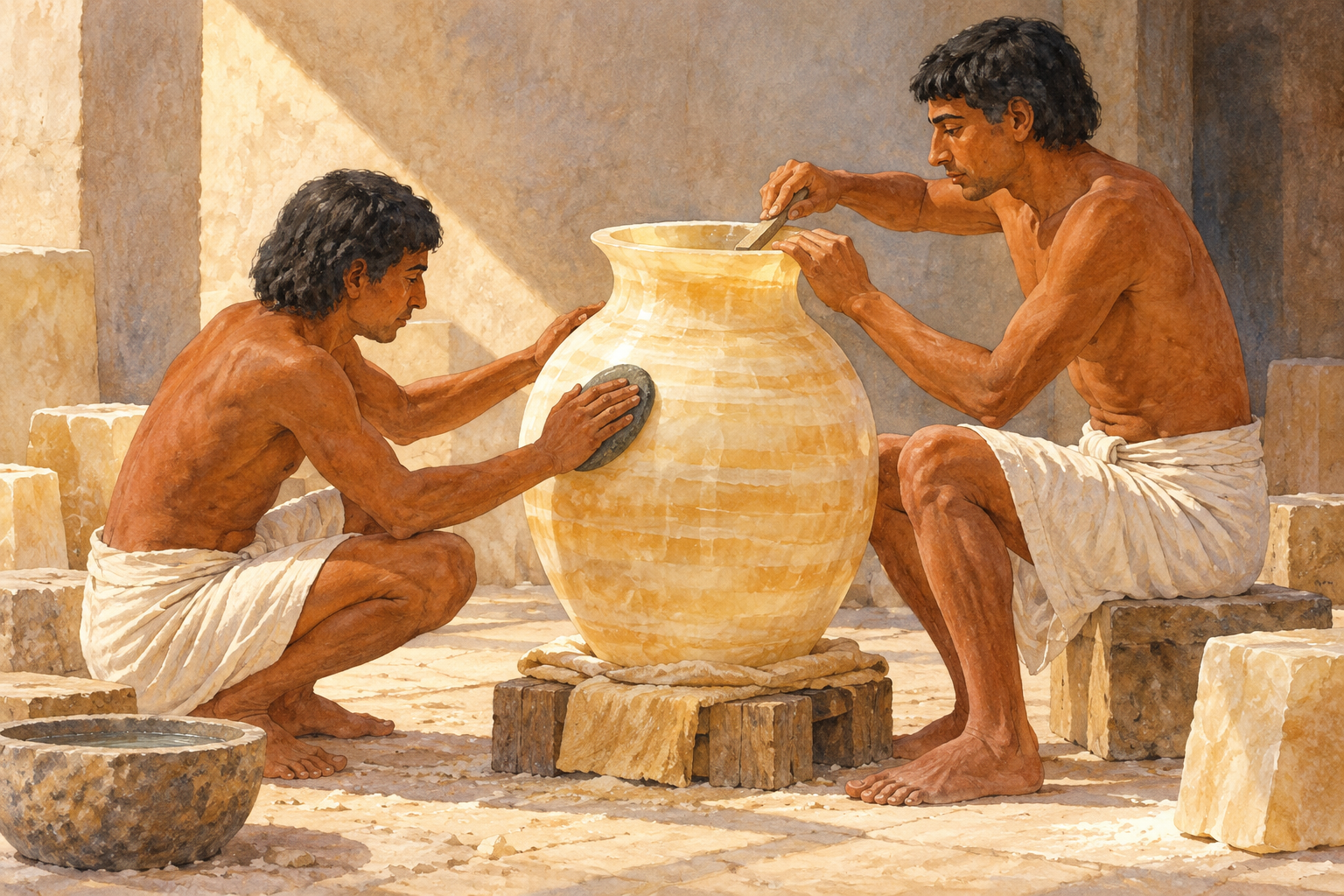 Deux artisans finissent un grand vase clair aux bandes couleur miel.