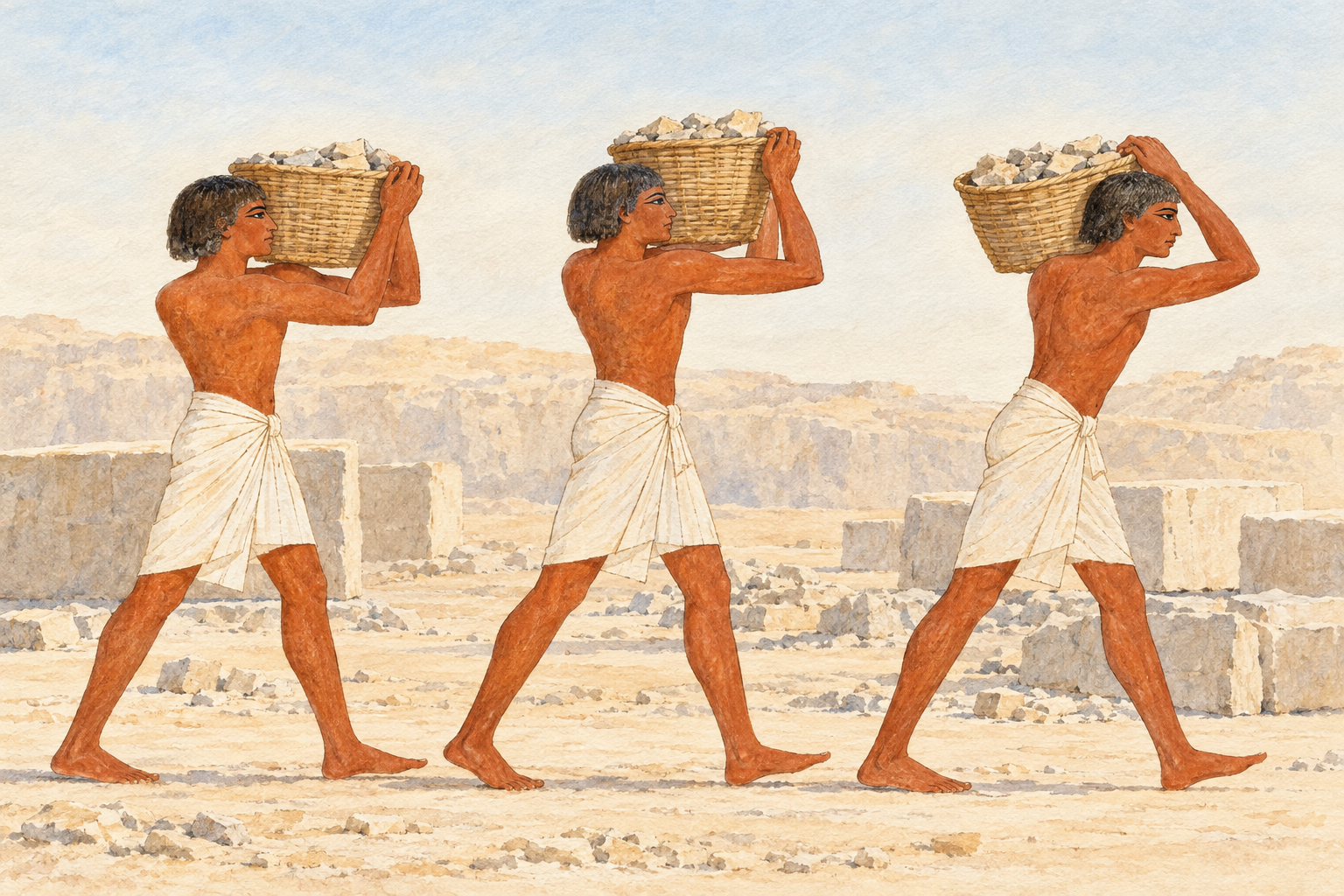 Trois hommes portent des paniers de petits fragments de pierre sur l’épaule.