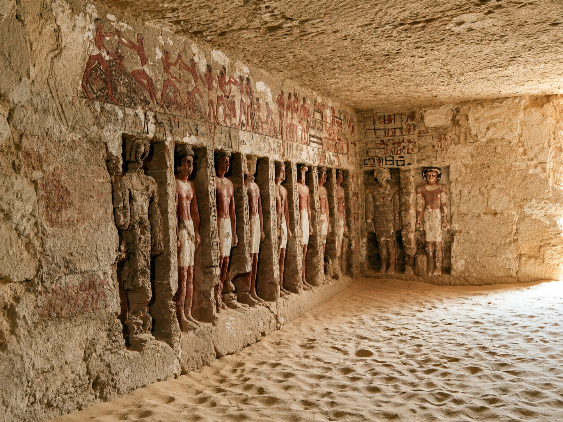 Statues polychromes taillées dans les parois de la chapelle d’Irukaptah, dit Khenu, à Saqqarah.