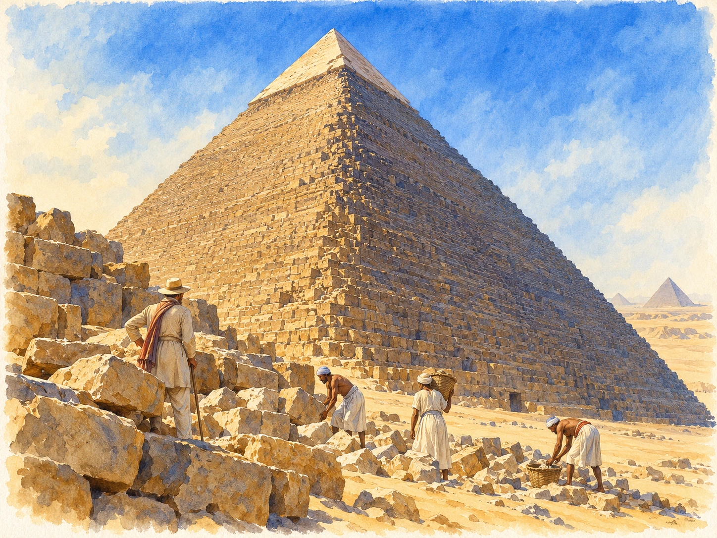Des ouvriers dégagent les éboulis au pied de la pyramide de Khéphren.