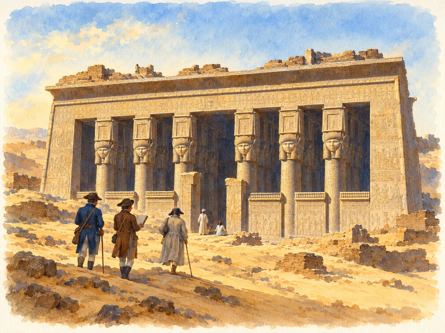 Le grand portique d’Hathor apparaît au-delà des décombres et des petites constructions, en 1799.