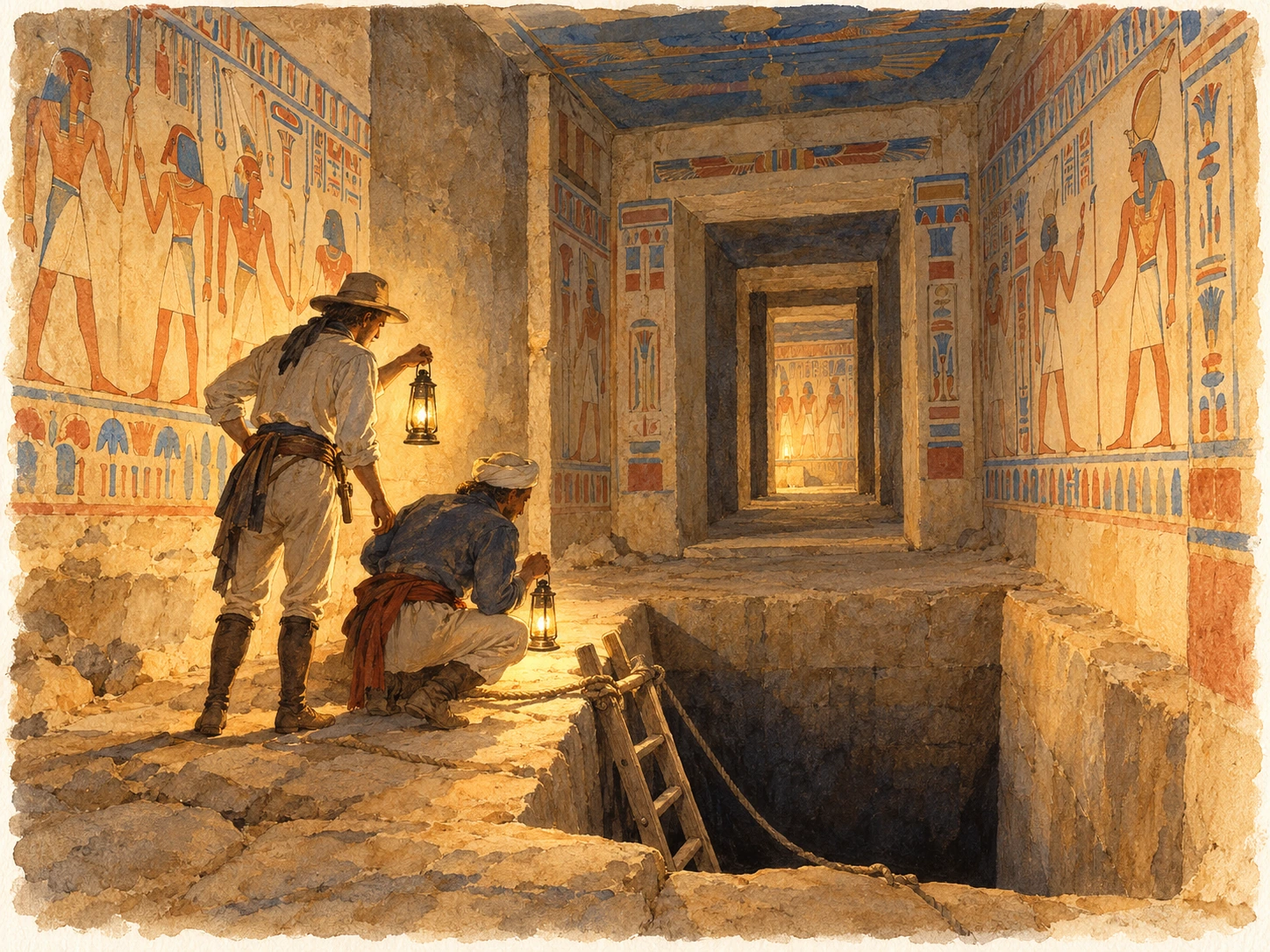 Des explorateurs éclairent un puits qui interrompt un corridor de la tombe de Séthi Ier.