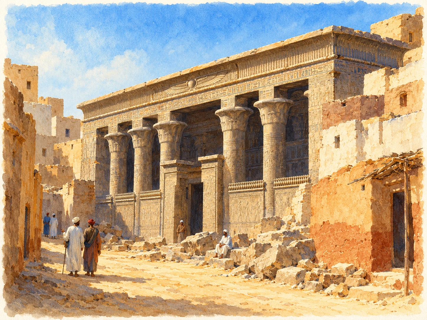 Le temple d’Esna est encore en partie enfoui au milieu des constructions de la ville.