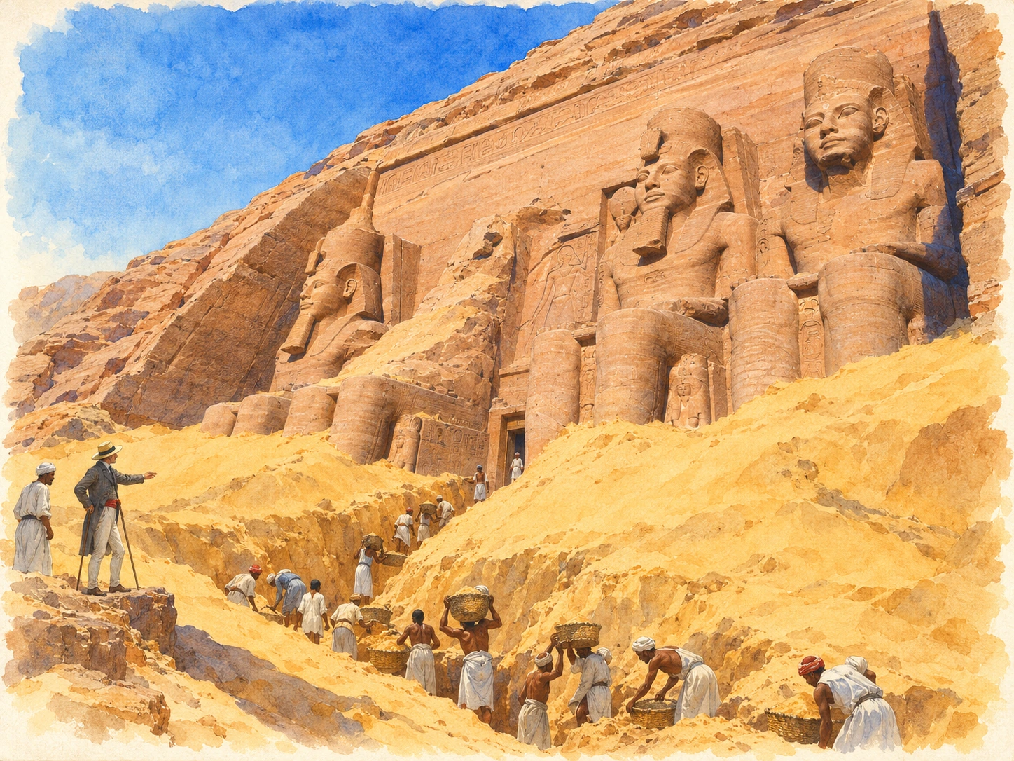 Des ouvriers évacuent le sable devant le grand temple d’Abou Simbel encore largement enseveli.