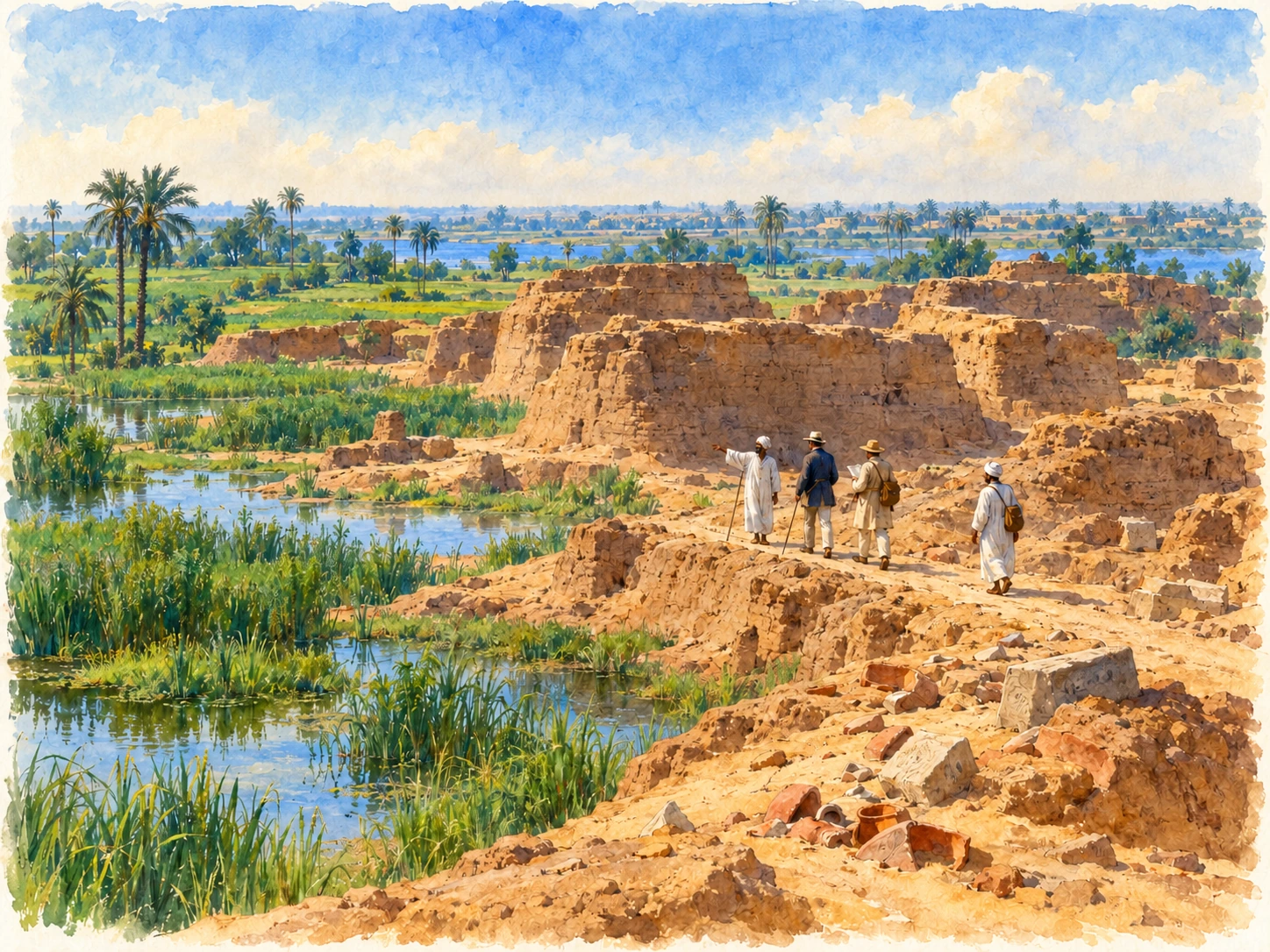 Des voyageurs longent de grands amas de briques crues entre les cultures et les eaux de l’inondation.