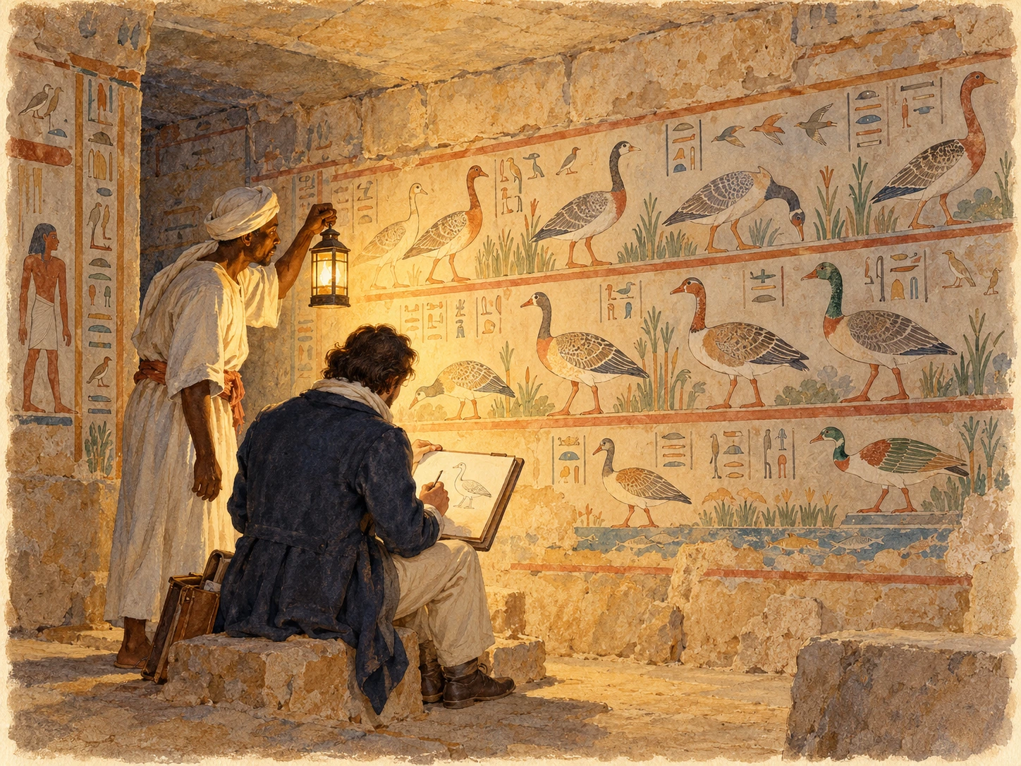 Un dessinateur étudie les figures d’oiseaux sur la paroi d’une tombe à Saqqarah en 1828.