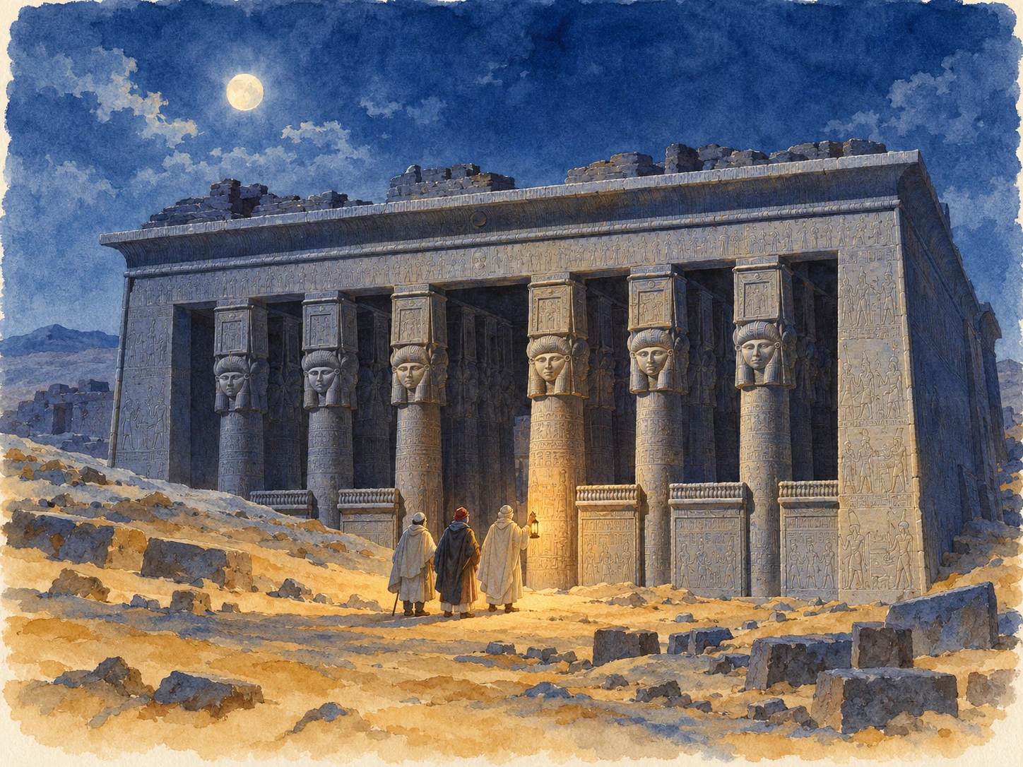 Des voyageurs éclairent les inscriptions du portique d’Hathor à l’aide d’un petit falot.