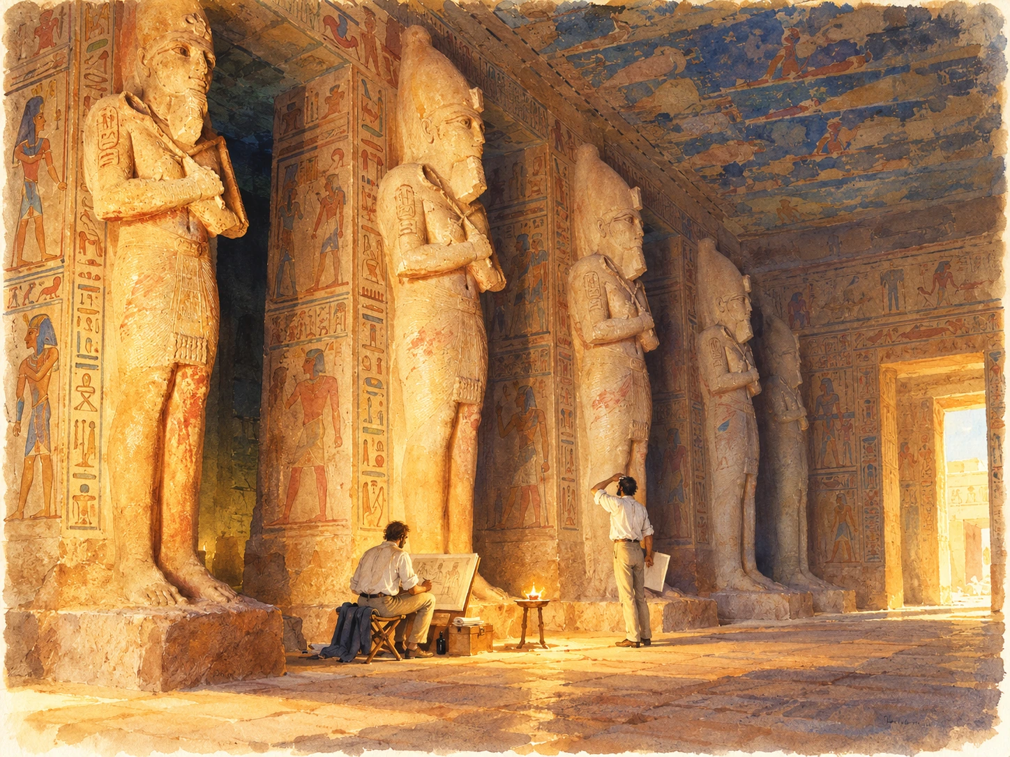 Des dessinateurs travaillent dans la chaleur de la grande salle du temple d’Abou Simbel.
