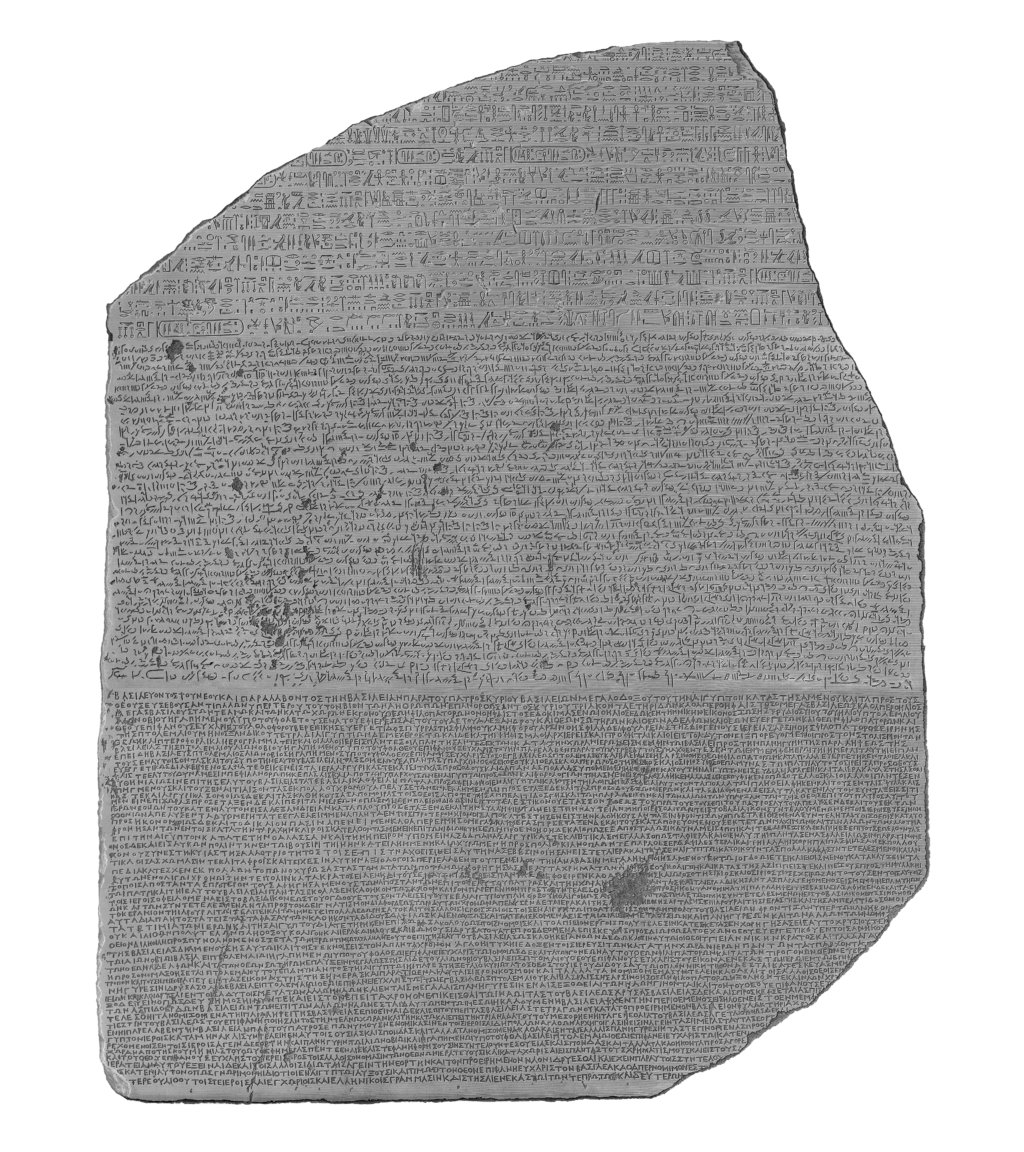 Assemblage documentaire : hiéroglyphes dans la partie supérieure, démotique au centre, grec ancien dans la partie inférieure.