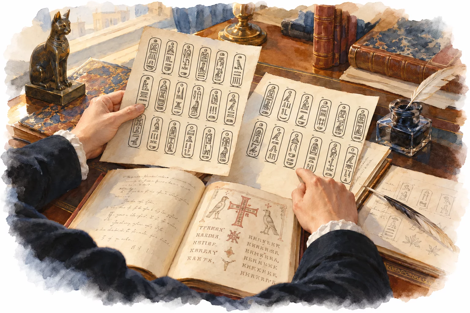 Aquarelle de mains comparant deux feuilles de cartouches royaux repris d’après le Tableau méthodique, planche 51.