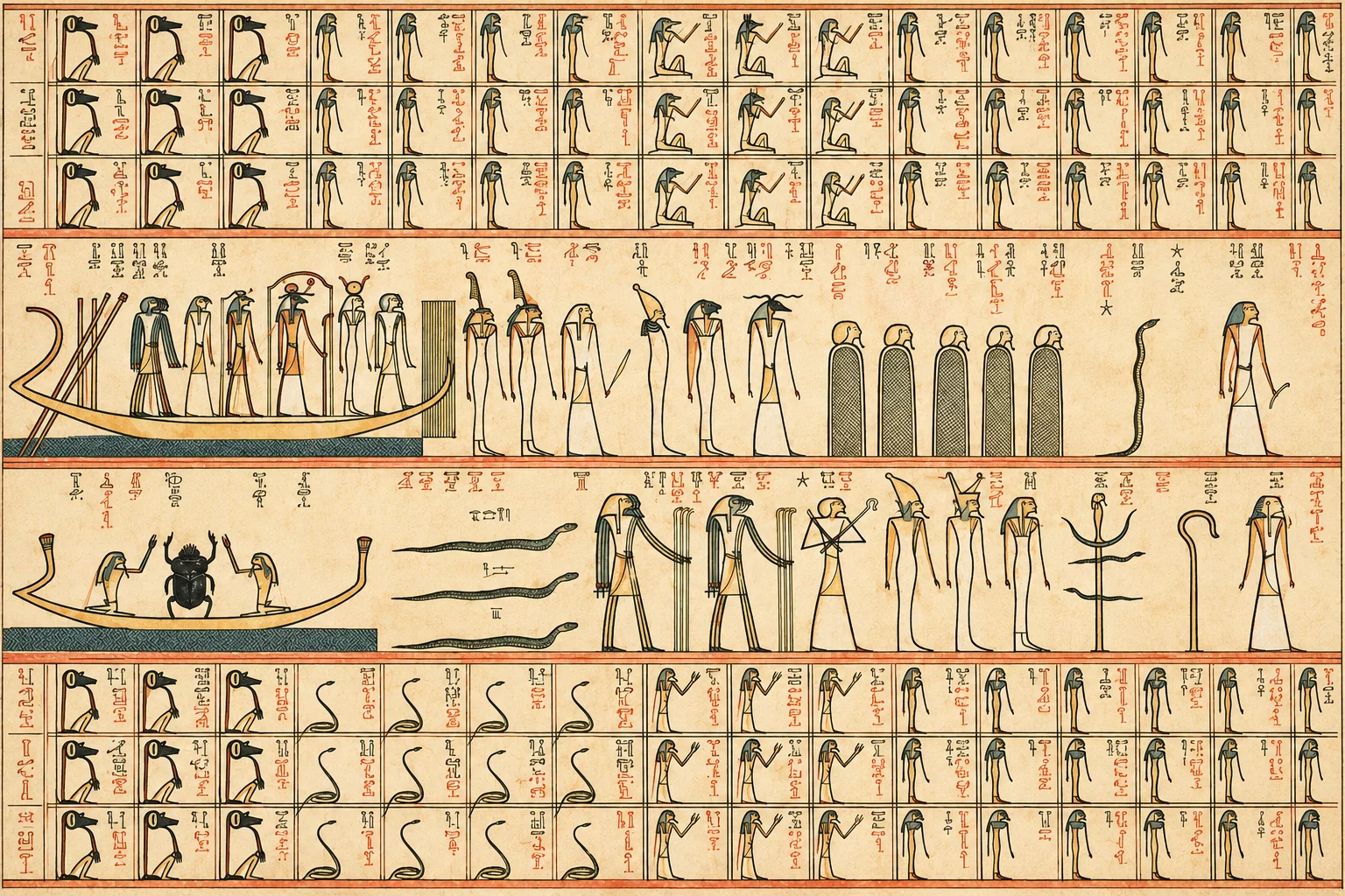 Barque solaire du dieu à tête de bélier, petite barque du scarabée adoré par deux figures, trois serpents et deux tableaux de petites divinités en haut et en bas. Aquarelle créée par IA.