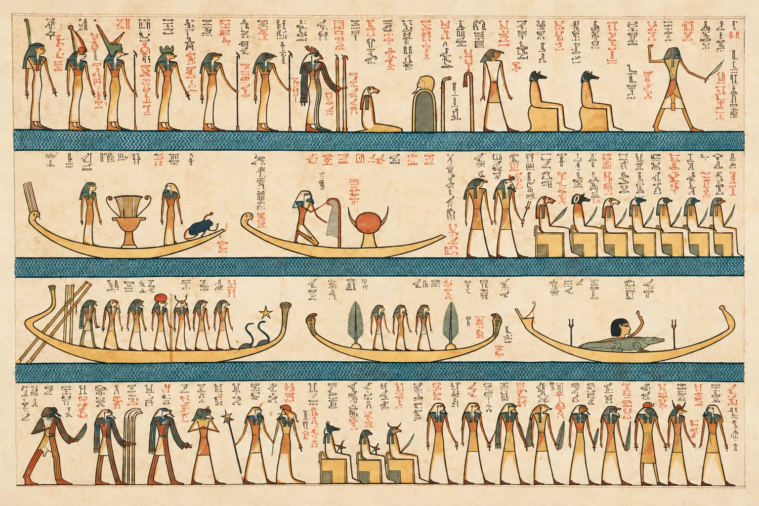 Barque solaire précédée de barques portant un vase, un disque cornu, des plantes et un crocodile, entre deux processions de dieux et des bandes d’eau. Aquarelle créée par IA.