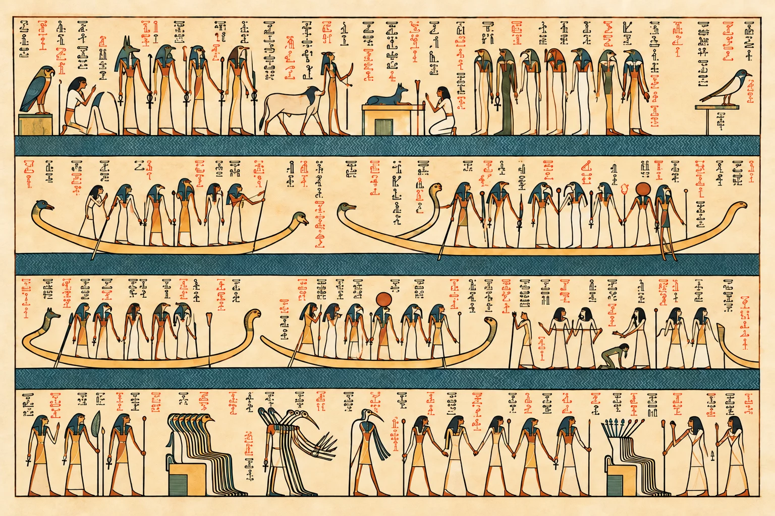 Quatre barques aux proues animales chargées de dieux, rangées de divinités, taureau, autel et figures à plusieurs têtes sur les rives. Aquarelle créée par IA.