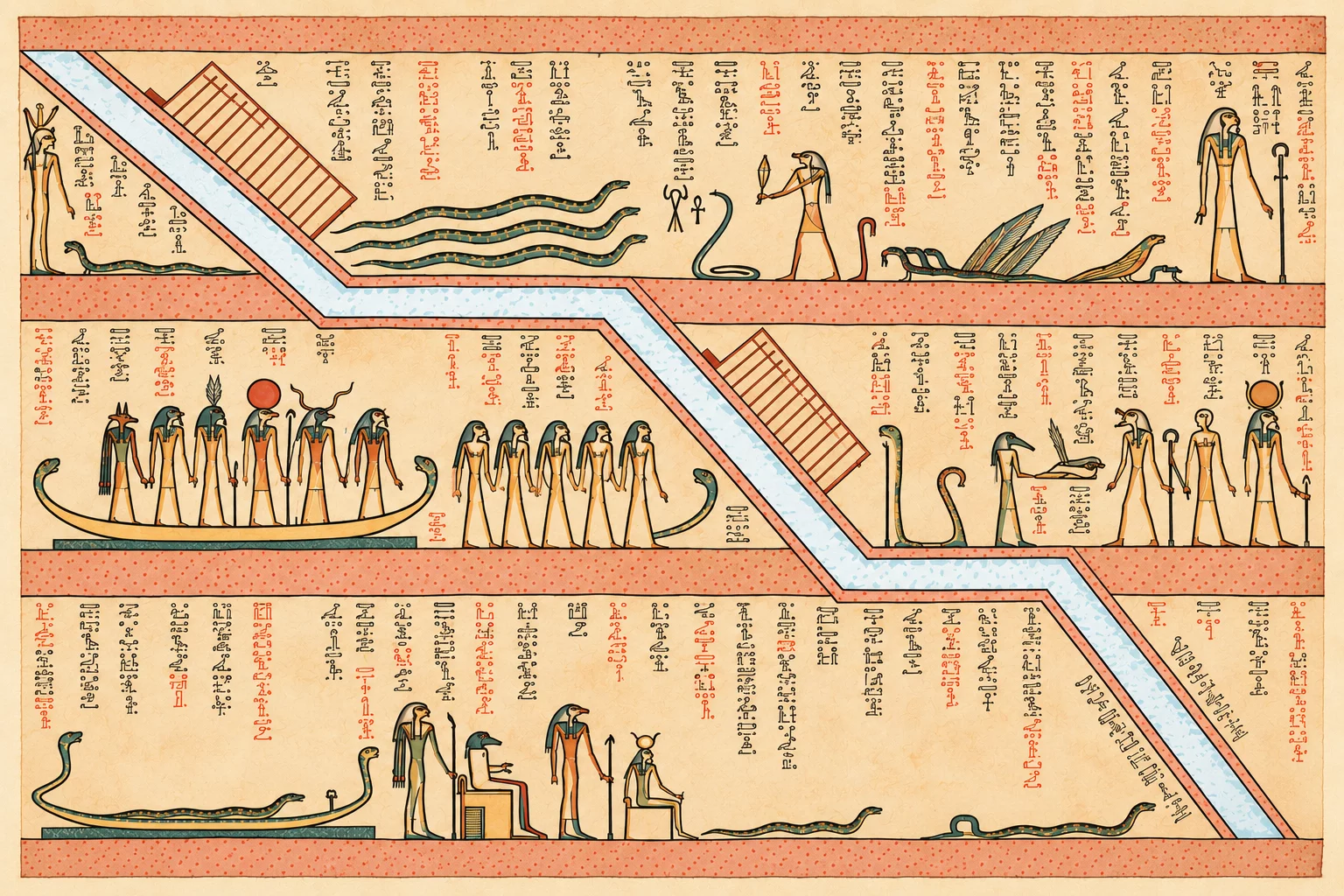 Chemin de sable en zigzag fermé par des portes, barque-serpent halée par des dieux, serpents à pattes et à ailes. Aquarelle créée par IA.