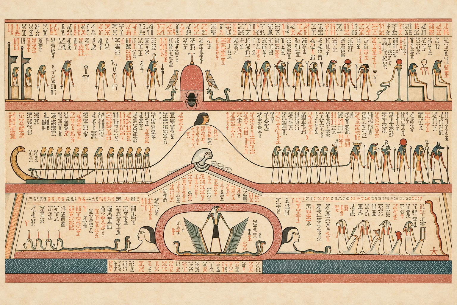 Tertre surmonté d’une tête humaine, caverne ovale de Sokaris gardée par le double sphinx Aker, faucon entre des ailes, scarabée sous un dôme et barque halée. Aquarelle créée par IA.