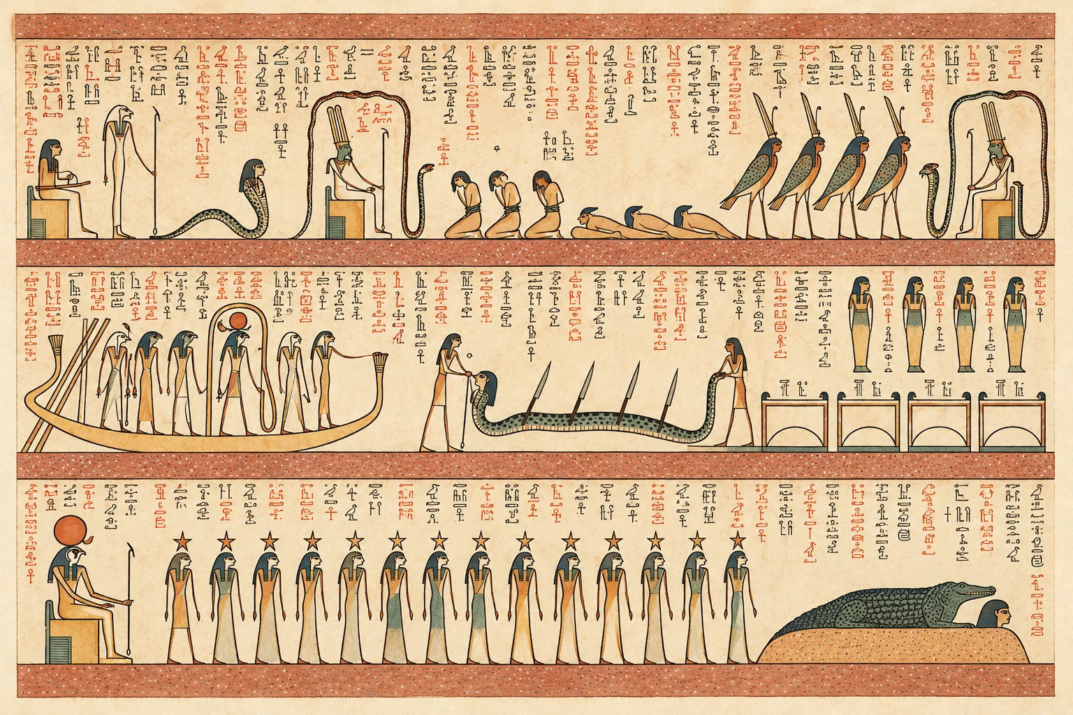 Serpent Mehen autour du dieu dans la barque, Apophis transpercé de couteaux et maîtrisé, Osiris trônant sous un serpent, ennemis décapités, Horus et dieux étoilés, crocodile sur un tertre. Aquarelle créée par IA.