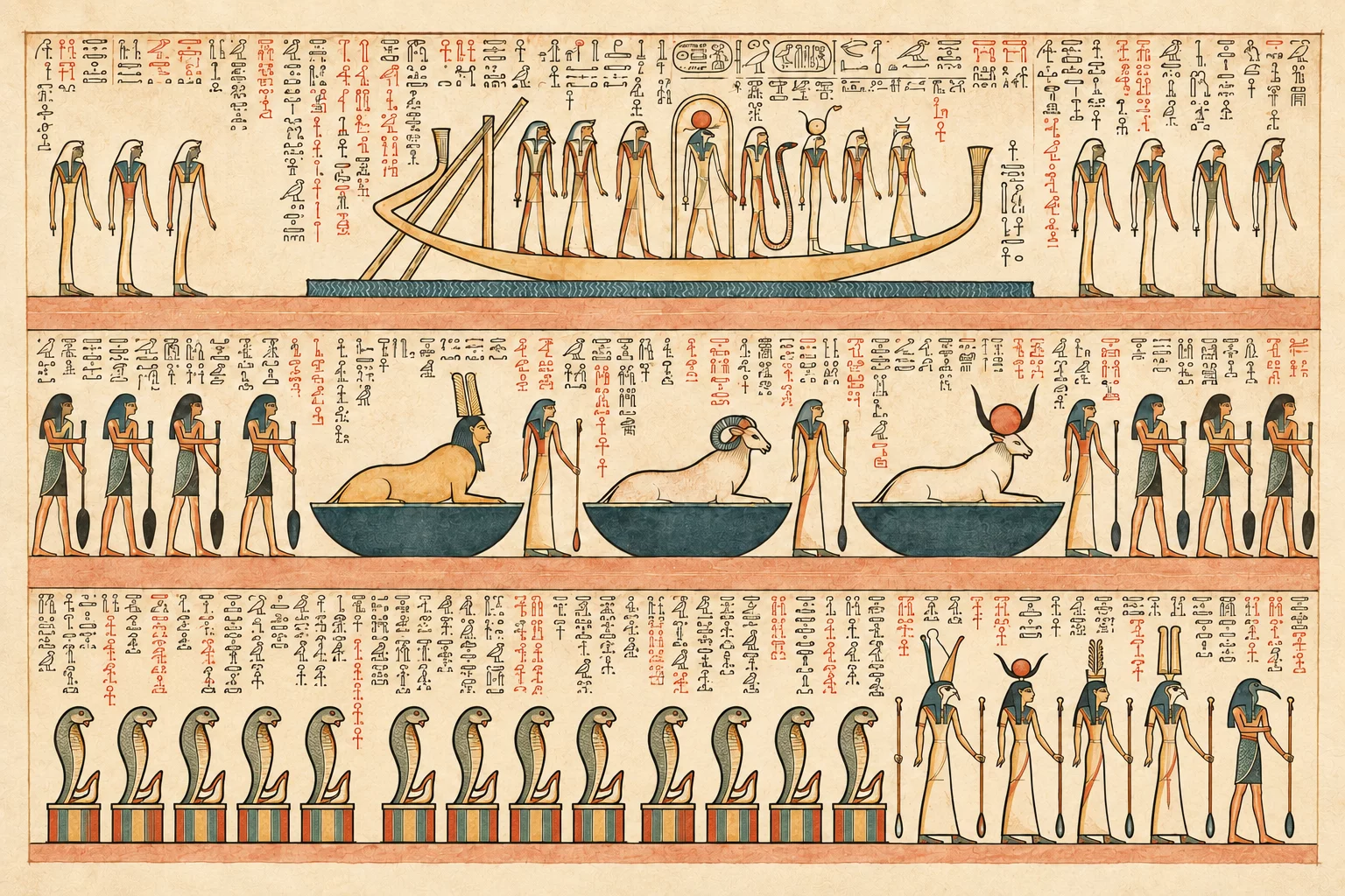 Barque solaire et son équipage, rameurs tenant leur rame, sphinx, bélier et vache couchés dans des corbeilles, rangée de cobras sur leurs socles. Aquarelle créée par IA.