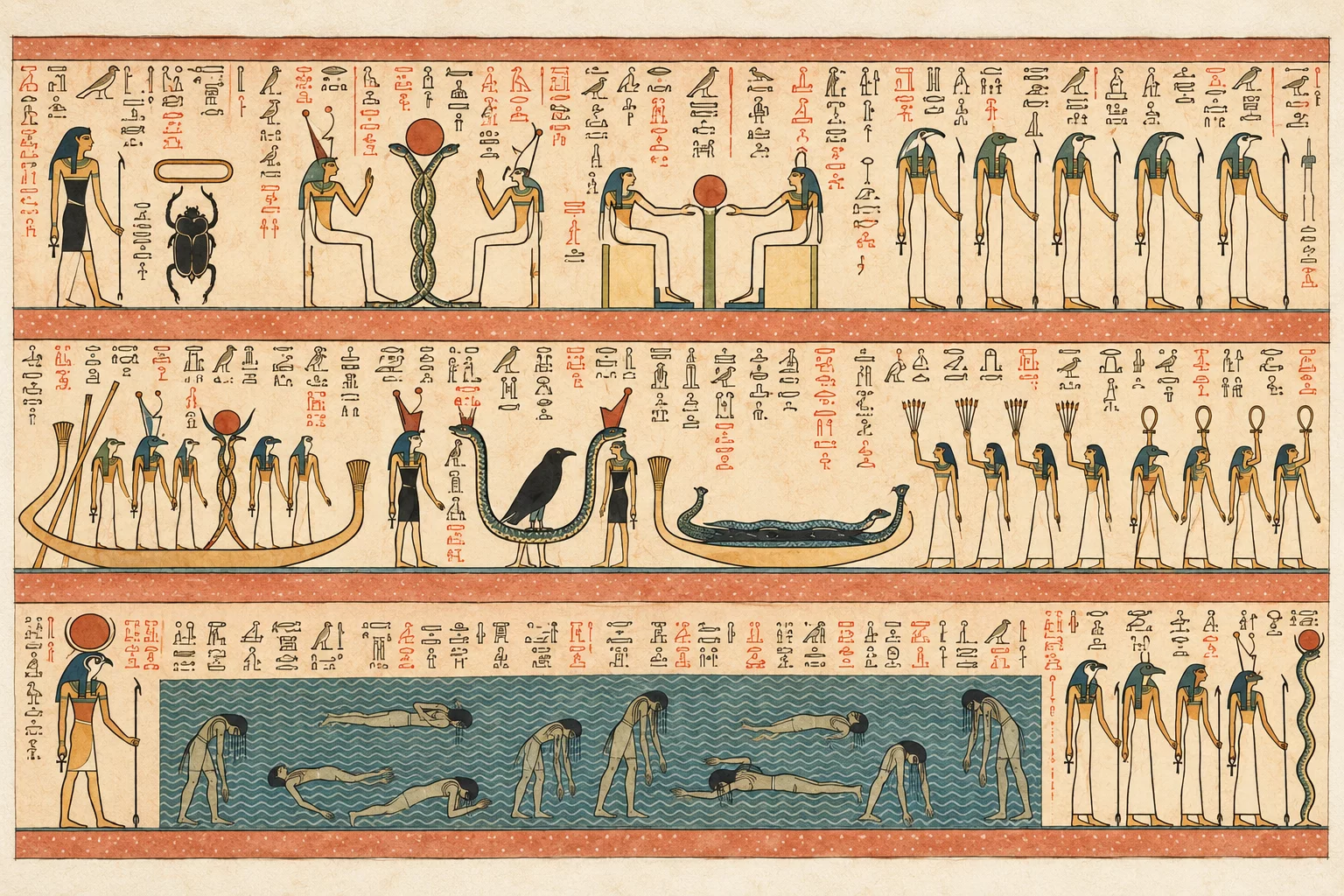 Scarabée sous un ovale, serpent à deux têtes, porteurs de flèches, figures flottant dans les eaux du Noun et Horus. Aquarelle créée par IA.