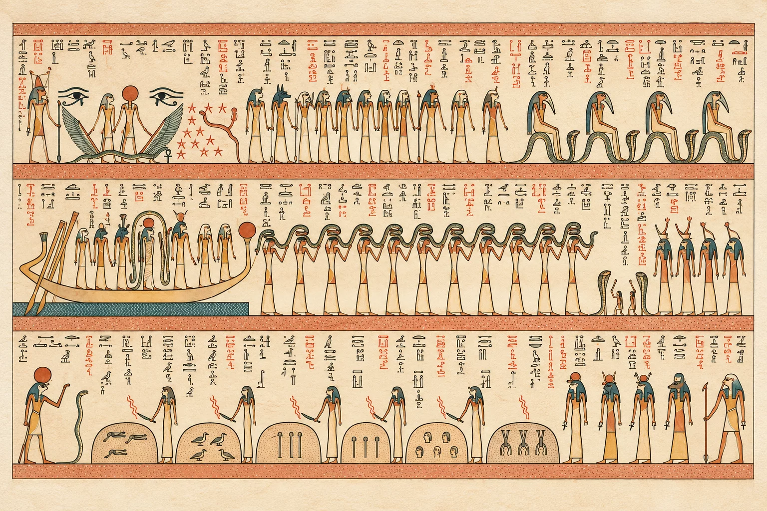 Barque solaire protégée par Mehen, dieux portant un long serpent, yeux oudjat et étoiles, fosses de feu gardées par des déesses armées de couteaux. Aquarelle créée par IA.