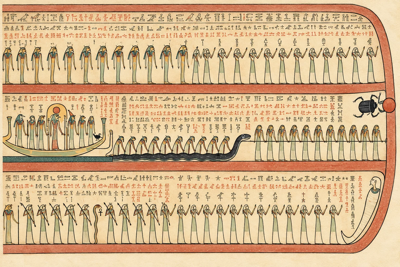Barque solaire halée à travers le corps d’un long serpent, scarabée et disque solaire à l’horizon, longues processions de dieux et grande figure momiforme à l’extrémité. Aquarelle créée par IA.