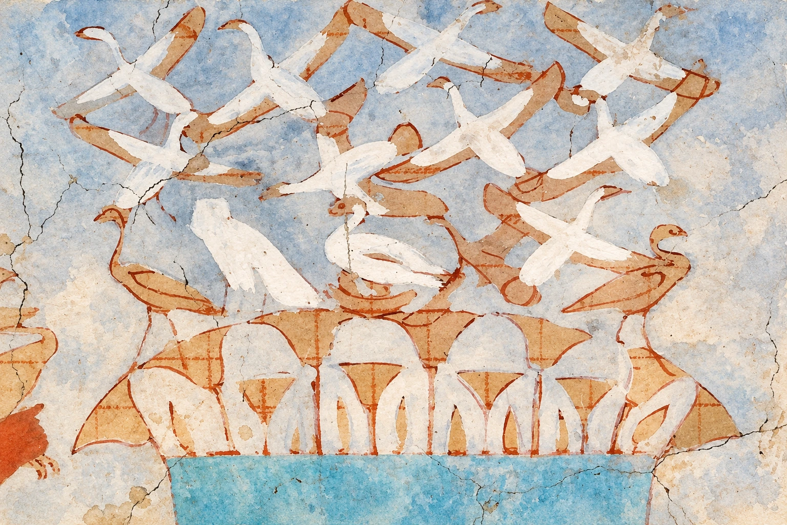 Oiseaux sur une paroi inachevée : dessin préparatoire et premières couleurs. Aquarelle créée par IA.
