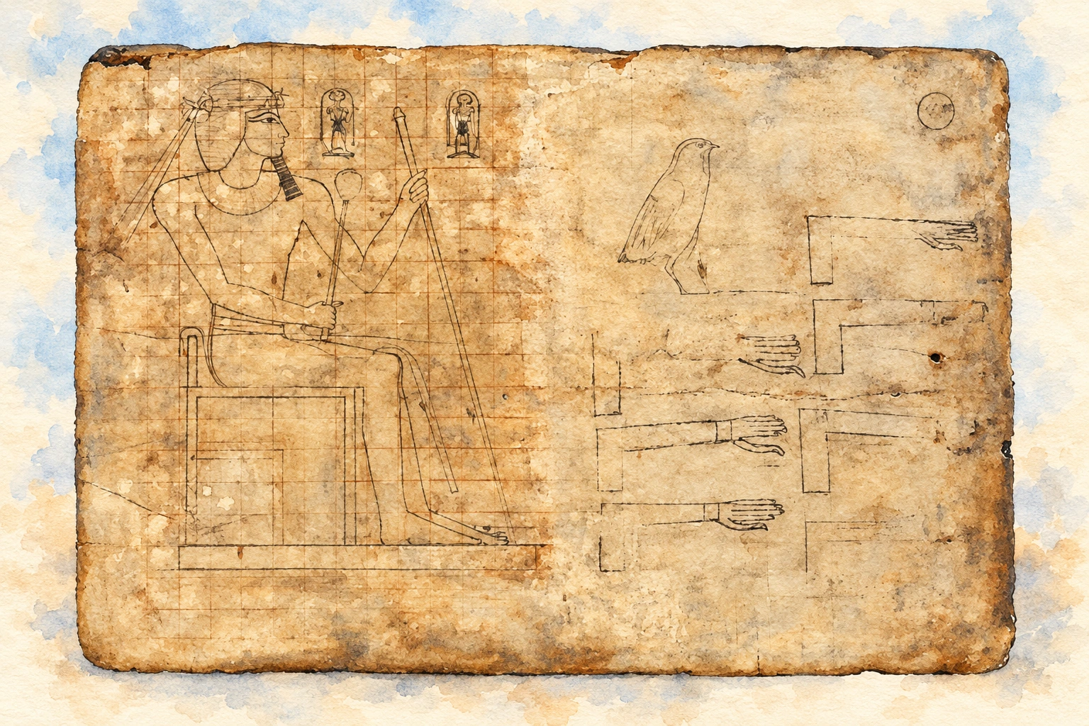 Tablette de dessinateur avec une figure royale assise et une grille de proportions. Aquarelle créée par IA.