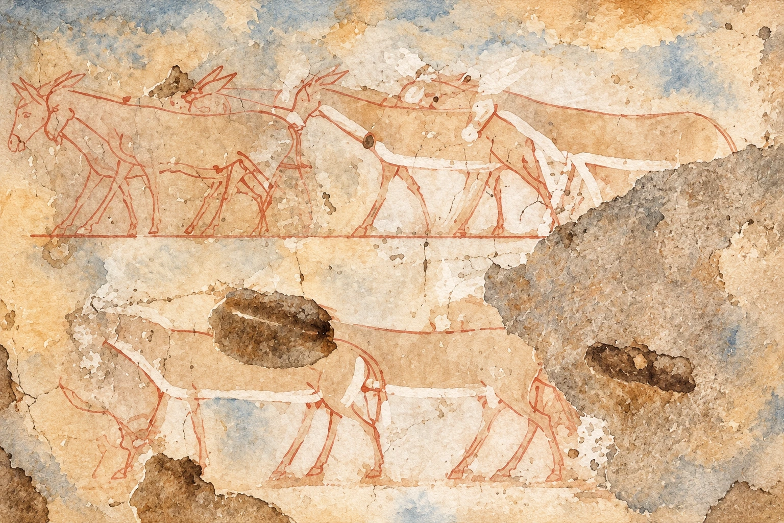 Troupeau d’ânes au stade du dessin préparatoire sur une paroi inachevée. Aquarelle créée par IA.