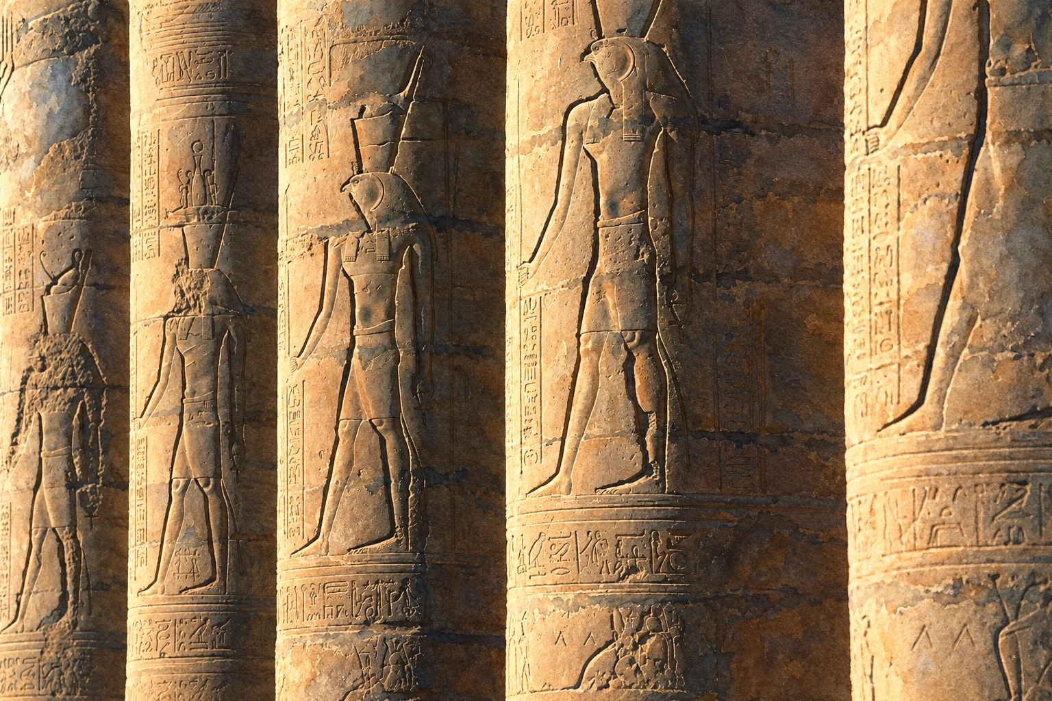 Reliefs en creux sur les colonnes du temple d’Esna. Aquarelle créée par IA.